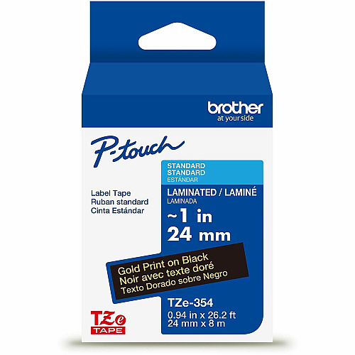 Brother P-touch TZe Laminated Label Tape x 15/16" Width - Tape - Black - Water Resistant - Laminated - Easy to Read, Temperature Resistant, Customizable, Long Lasting, Peeling Resistant, Fade Resistant - 26.20 ft Roll Length - 1 Each (TZE354G)