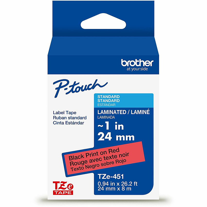 Brother P-touch TZe Laminated Label Tape x 15/16" Width - Tape - Red - Water Resistant - Laminated - Easy to Read, Temperature Resistant, Customizable, Long Lasting, Peeling Resistant, Fade Resistant - 26.20 ft Roll Length - 1 Each (TZE451G)
