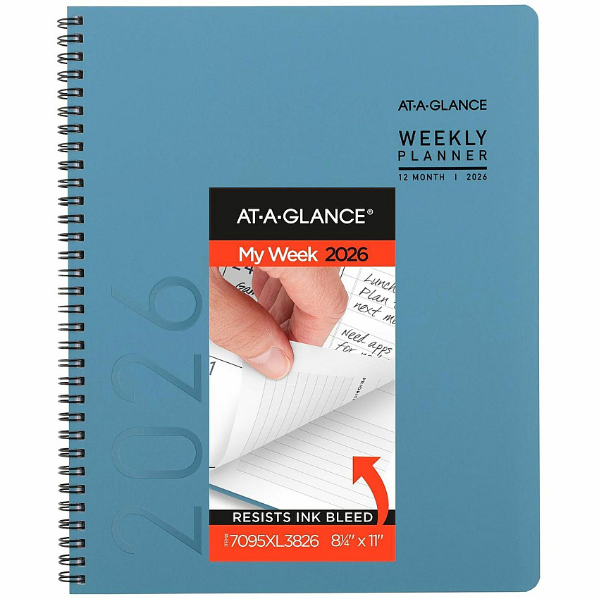At-A-Glance Contemporary Lite Planner Weekly, Monthly - 12 Month - January 2026 to December 2026 - 1 Week, 1 Month Double Page Layout - 8 1/4" x 11" Sheet Size - Twin Wire - Blue - Paper - Mineral Blue Faux Leather Cover - Bleed Resistant Paper (7095XL38)