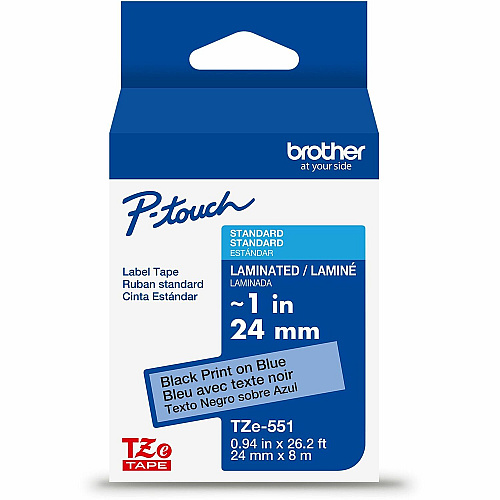 Brother P-touch TZe Laminated Label Tape x 15/16" Width - Tape - Blue - Water Resistant - Laminated - Easy to Read, Temperature Resistant, Customizable, Long Lasting, Peeling Resistant, Fade Resistant - 26.20 ft Roll Length - 1 Each (TZE551G)
