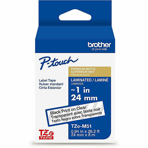 Brother TZe Premium Matte Laminated Tape x 15/16" Width - Cartridge - Matte - Matte Clear - Water Resistant - Laminated - Strong, Durable, Long Lasting, Customizable - 26.20 ft Roll Length - For Label Maker - 1 Each (TZEM51G)