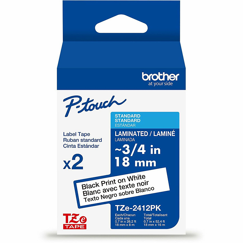Brother P-touch TZe Laminated Label Tape x 45/64" Width - Tape - White - Water Resistant - Laminated - Easy to Read, Temperature Resistant, Customizable, Long Lasting, Peeling Resistant, Fade Resistant - 26.20 ft Roll Length - 1 / Each (TZE2412PKG)