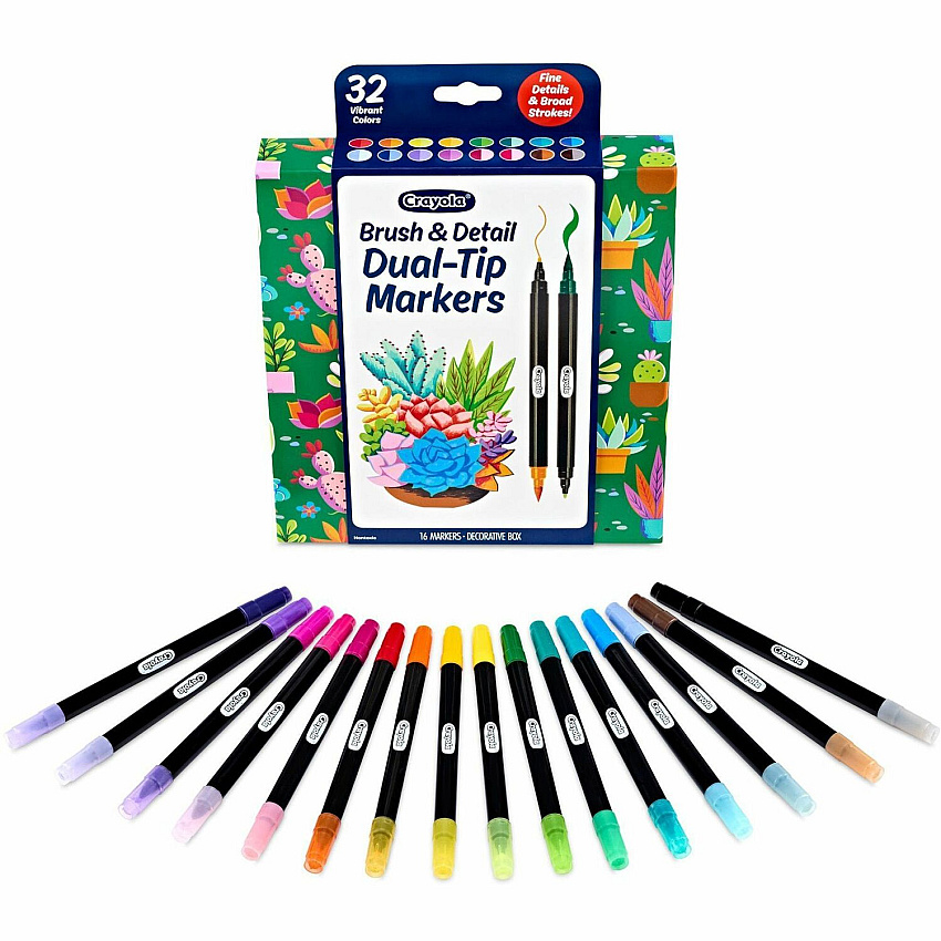 Crayola Dual-Ended Markers Brush, Ultra Fine, Chisel Marker Point - Multi Ink - Water Based - 16 / Pack (586755)