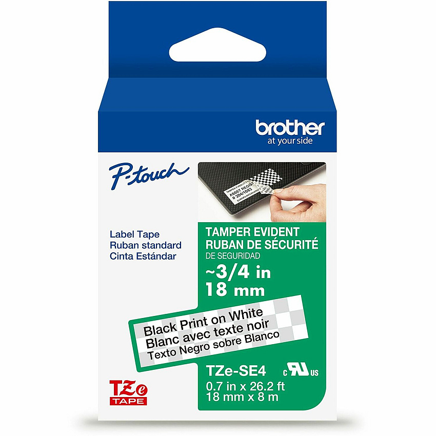 Brother P-touch TZ Laminated Security Tape x 45/64" Width - Tape - White - Water Resistant - Laminated - Customizable, Long Lasting, Strong, Durable, Tamper Evident - 26.20 ft Roll Length - For Label Maker - 1 Each (TZESE4G)