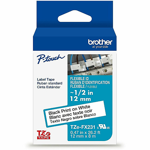 Brother Genuine P-touch TZeFX231 BK on WHT Label Tape, Flexible ID Laminated, 12mmX8m (TZEFX231G)