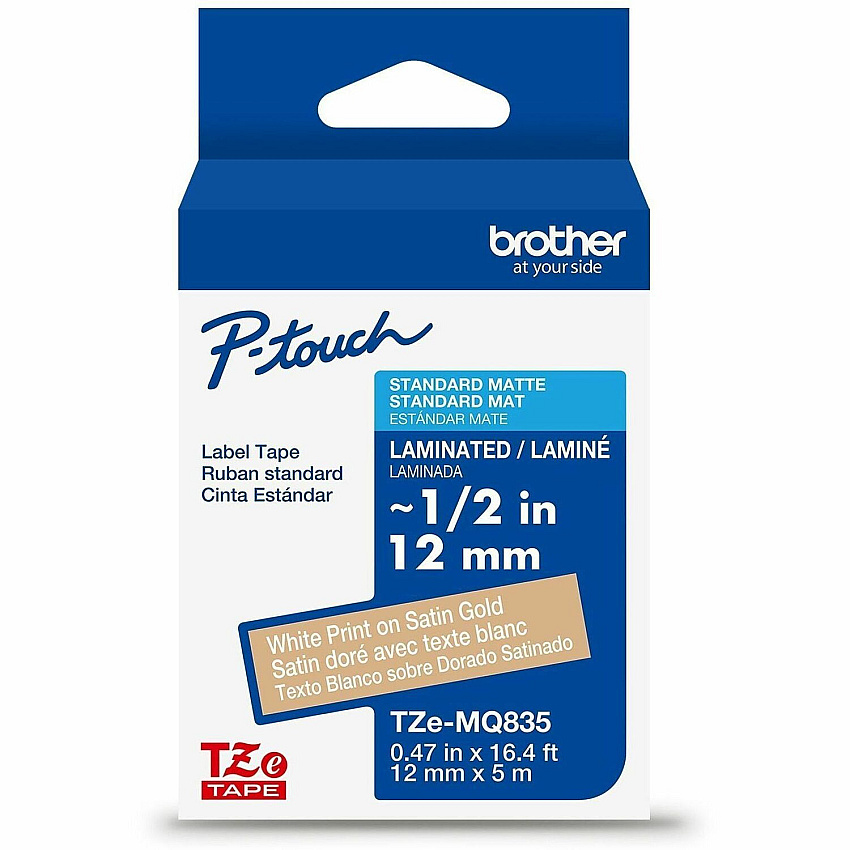 Brother Genuine P-touch TZeMQ835 WHT on SATIN GLD Label Tape, Laminated, 12mmX5m (TZEMQ835G)