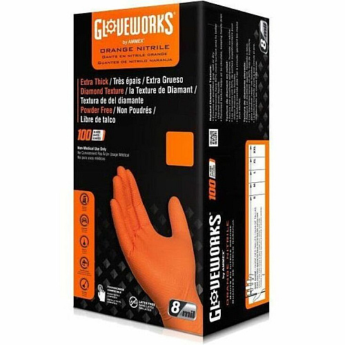 GloveWorks by AMMEX Gloveworks Industrial RDT Powder-Free Nitrile Gloves 8 mil Thickness x 9.45" Glove Length - Chemical Protection - Polymer Coating - Small Size - For Right/Left Hand - Raised Diamond Texture - Nitrile - Orange - Touchscreen  (GWON42100)