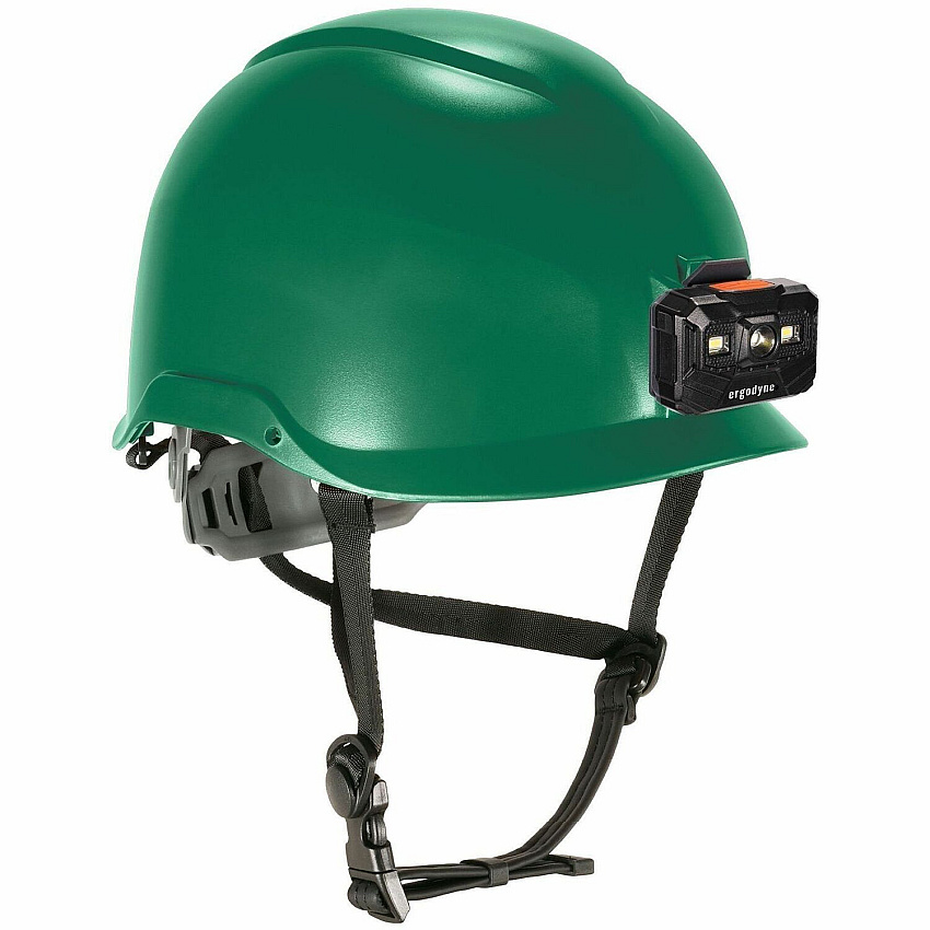 Ergodyne Skullerz 8976 Type 2 Safety Helmet Impact, Visibility, Head, Overhead Falling Objects, Eye Protection - Expanded Polystyrene Foam (EPS) - Green - LED Light, Built-in LED, Chin Strap, Lightweight, Comfortable, Sweatband, Breathable, Anti-o (60282)
