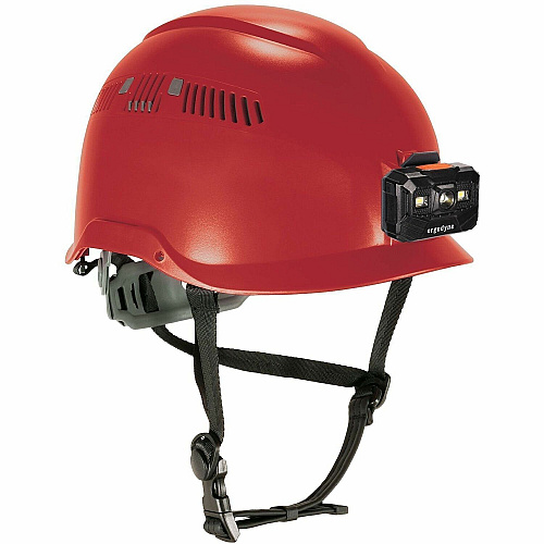 Ergodyne Skullerz 8977 Type 2 Safety Helmet Head, Impact, Rain, Heat Protection - Expanded Polystyrene Foam (EPS) - Red - Vented, Anti-odor, Chin Strap, Non-conductive, Ratchet, Adjustable Ratchet, Adjustment Knob, LED Light, Built-in LED, Recharg (60288)