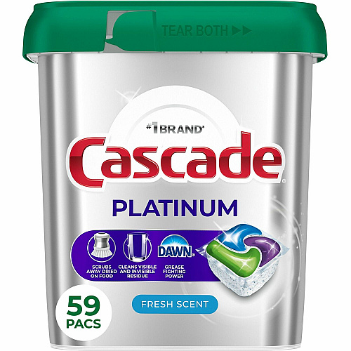 Cascade Platinum ActionPacs For Glassware, Dish, Dishwasher - Pod - Recommended For: Residue Remover, Dried-on Food Remover, Grease Remover - Enzyme Activated, Kosher - Silver - 59 - 1 Each (15681)