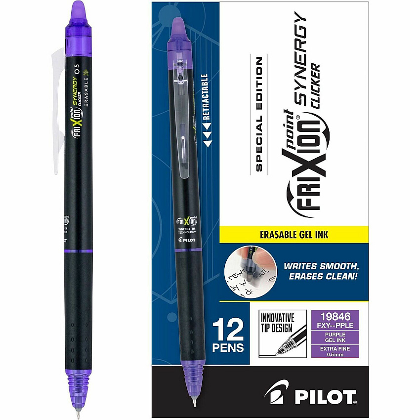 FriXion Synergy Clicker Erasable Gel Pen 0.5 mm Extra Fine Pen Point - Refillable - Retractable - Erasable - Purple Ink - Thermosensitive Gel Ink - Document - 1 Dozen (19846)