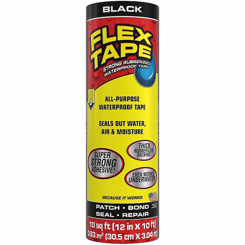 FLEX SEAL Repair Tape 10 ft Length x 12" Width - Black - Rubber Backing - Water Proof, UV Resistant, Temperature Resistant, Weather Resistant, Moisture Resistant - For Repair, Sealing, Home, Roofing, General Purpose, Bathroom, Project, Multi (TFSBLKR1210)