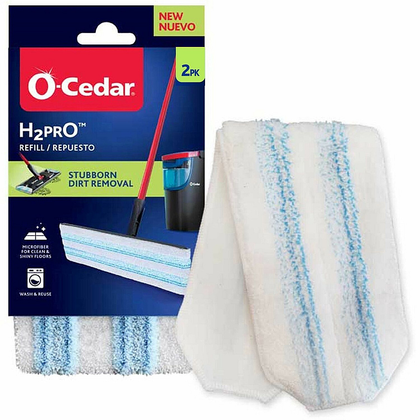 O-Cedar H2prO Flat Mophead Replacement Streak-free, Machine Washable, Long Lasting, Reusable - MicroFiber - White/Blue - 2 / Pack (175782)