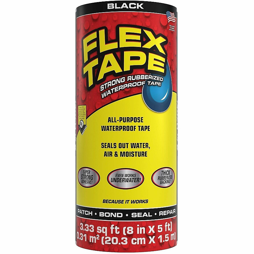 FLEX SEAL Repair Tape 5 ft Length x 8" Width - Black - Rubber Backing - Water Proof, UV Resistant, Temperature Resistant, Weather Resistant, Moisture Resistant - For Repair, Sealing, Home, Roofing, General Purpose, Bathroom, Project, Multi S (TFSBLKR0805)
