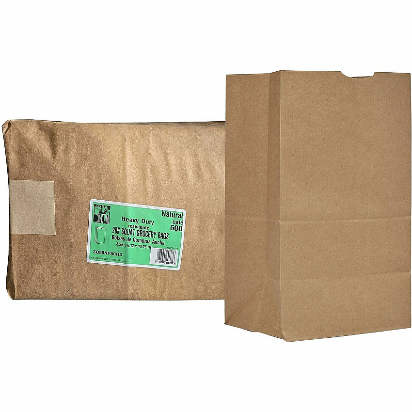 AJM #20 Squat Heavy-Duty Kraft Paper Grocery Bags (SQ50NP5CHDES)