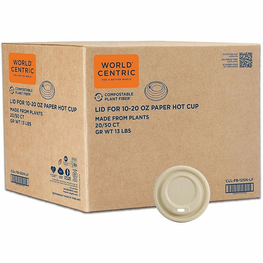World Centric Compostable Fiber Sip Lids for Hot Cups Plant Fiber - Natural - 50 Lids/Pack - 20 / Carton (CULFB12GNLF)
