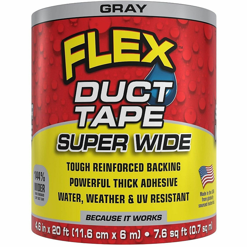 FLEX SEAL Super Wide Duct Tape 20 ft Length x 4.60" Width - Gray - Rubber Adhesive - Water Resistant, Weather Resistant, UV Resistant - For Reinforcing, Box, Household, Repair, DIY, Sealing, Drafting, Window, Door, Furniture, Fabric, ... - 6  (DTGRYR4620)