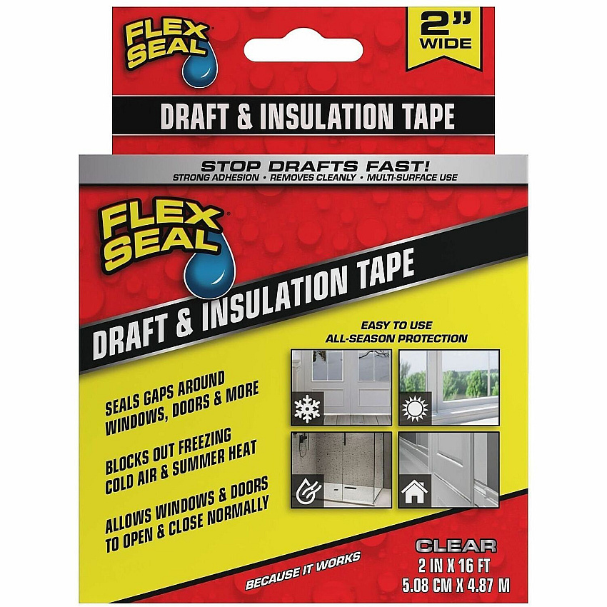 FLEX SEAL Draft Tape 16 ft Length x 2" Width - Clear - Weather Proof, Moisture Proof, Cold Resistant, Crack Resistant, Dust Resistant, Moisture Resistant - For Drafting, Insulating, Window, Door, Sealing, Indoor, Outdoor, Multi Surface, Nonpo (DFSCLR0216)