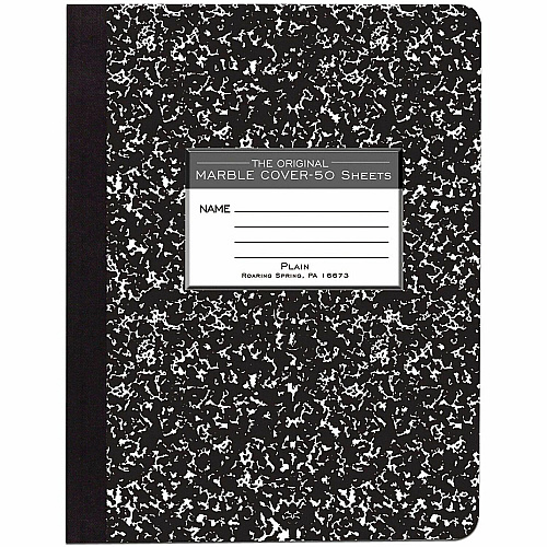 Roaring Spring Unruled Paper Composition Book 50 Sheets - 100 Pages - Plain - Sewn/Tapebound - Unruled Front Ruling - 15 lb Basis Weight - 9 3/4" x 7 1/2" Sheet Size - 9.8" Width x 7.5" Depth - White Paper - Black Marble Board Cover - Hard Cover (77260CT)