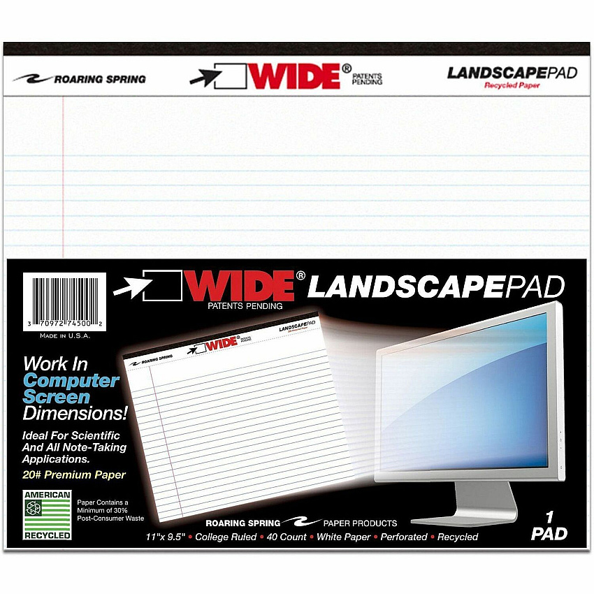 Roaring Spring Wide Landscape White Writing Pads 40 Sheets - 80 Pages - Stapled/Tapebound - Both Side Ruling Surface - College Ruled Front Ruling - 0.28" Ruled - Red Margin - 20 lb Basis Weight - Legal - 11" x 9 1/2" Sheet Size - White Paper - W (74500CT)