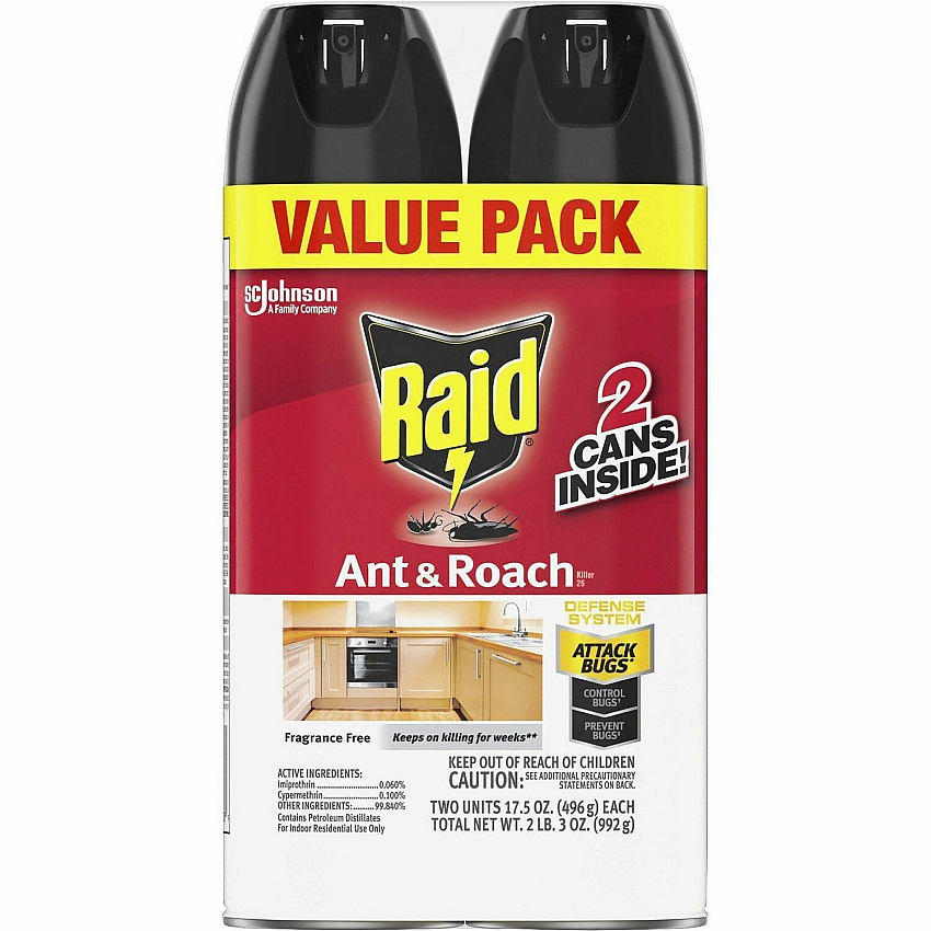 Raid Ant & Roach Killer Spray Aerosol - Kills Ants, Cockroaches, Water Bugs, Palmetto Bug, Silverfish, Carpet Beetle, Earwig, Spider, Lady Beetle, Black Widow Spider - 17.50 fl oz - Red - 2 / Pack (385310)