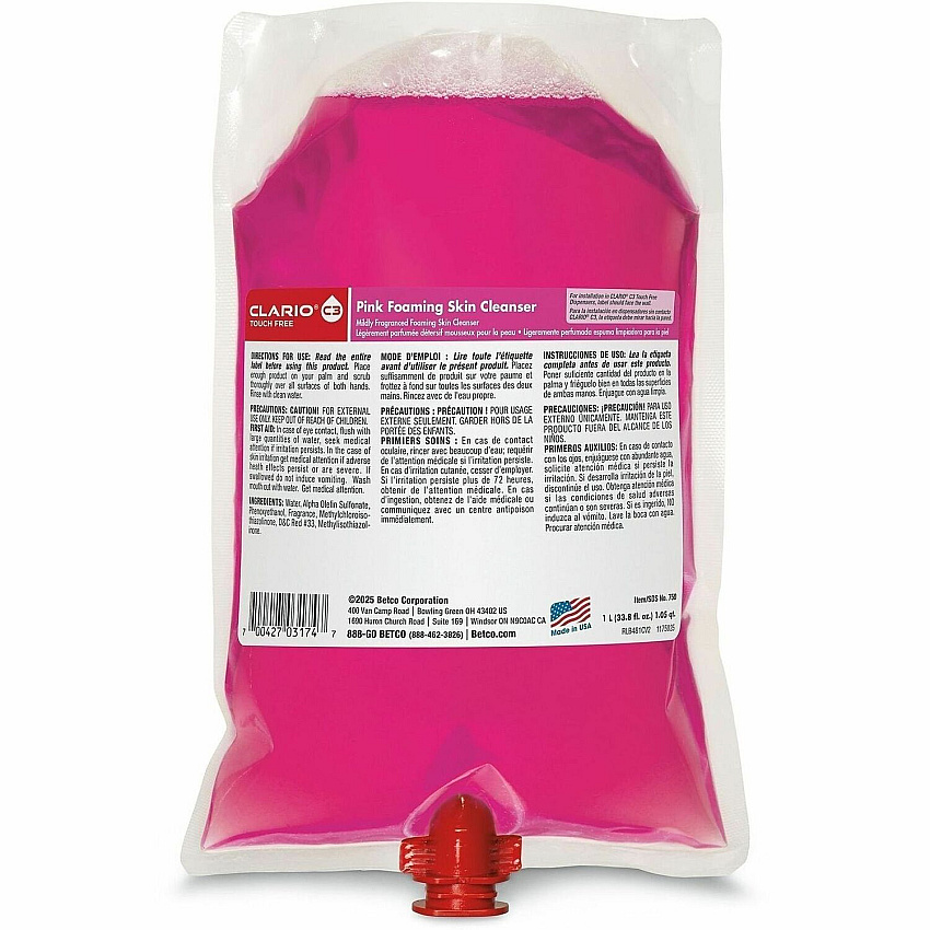 Betco Pink Foaming Skin Cleanser Neutral Scent - 1.06 quart - Touchless Dispenser - Hand, Skin - Moisturizing - Pink - pH Balanced, Non-irritating - 6 / Carton (750H200)