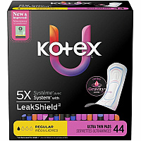 U by Kotex Ultra-Thin Period Pads Regular - Absorbent, Anti-leak, Hypoallergenic, Chlorine-free, Comfortable - 44 / Box (58246)