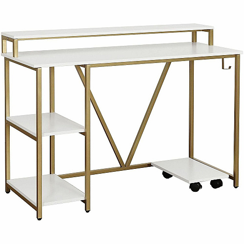 Techni Mobili Industrial Writing Desk Modern Style - 6 Legs - 88 lb Capacity - 46.50" Table Top Width x 19" Table Top Depth - 34" Height - Industry, Writing, Home Office, Storage, Accessories, Monitor - Assembly Required - White, Gold - Enginee (7310DGLD)