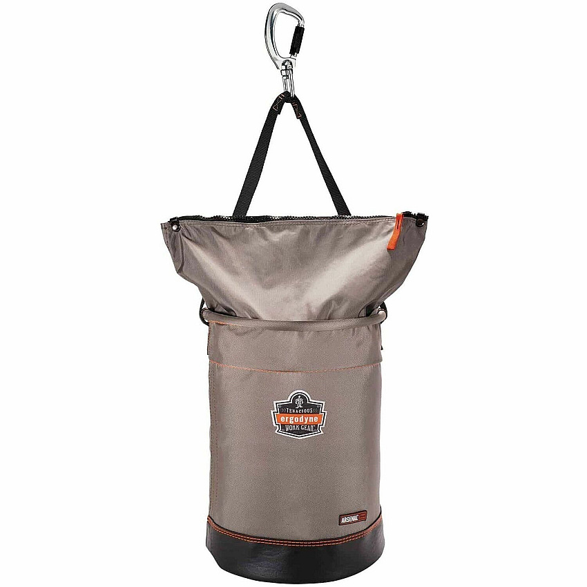 Ergodyne Arsenal Carrying Case Rugged (Bucket) Tools - Gray Drop Resistant, Spill Resistant, Tangle Resistant, Rust Resistant - 1200D Nylon, Synthetic Leather, Tarpaulin, Nickel Body - D-ring, Carabiner Clip, Handle - 17" Height x 12.5" Diameter - (15977)