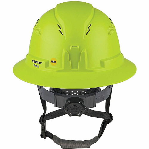 Ergodyne Skullerz 8964-MIPS Type 2 Full-Brim Safety Helmet Recommended for: Construction, Utility, Oil & Gas, Forestry, Mining, General Purpose - Head, Impact, Sun, Rain Protection - Expanded Polystyrene Foam (EPS) - Lime - Adjustable Ratchet, Rat (60611)