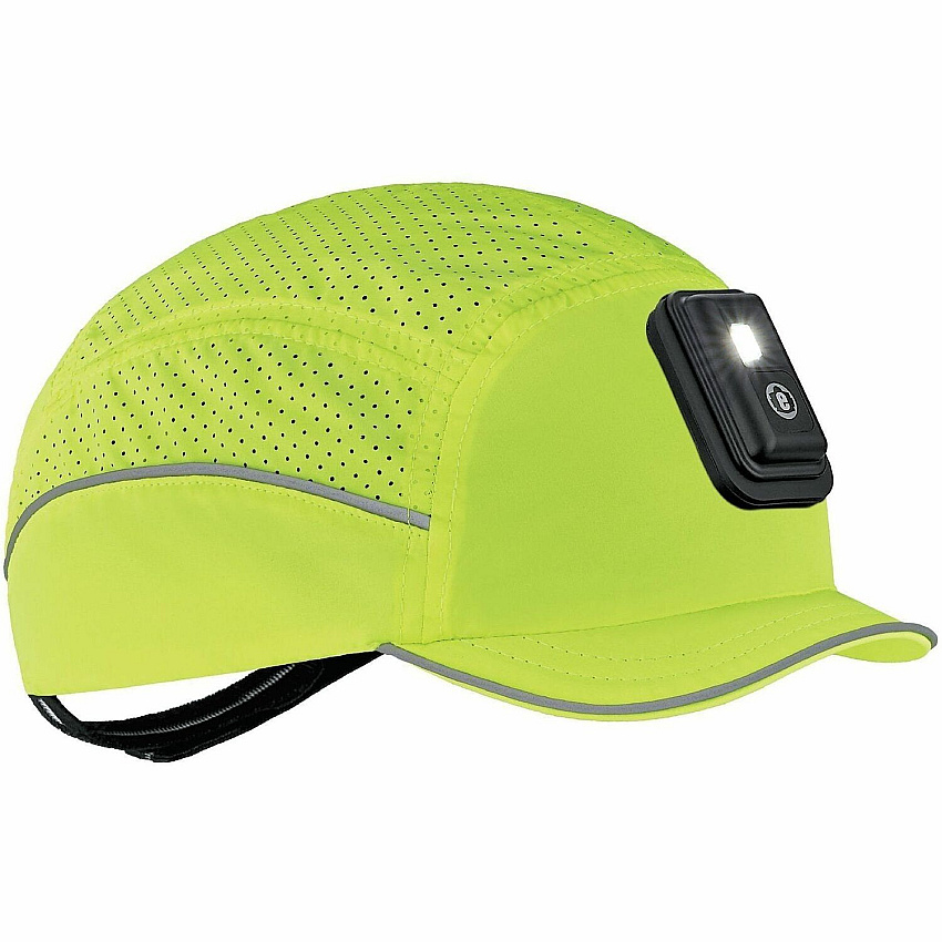 Ergodyne Skullerz 8965F(x) Bump Cap Hat with LED Light Recommended for: Mechanic, Baggage Handling, Food Processing, Manufacturing, Inspection - Head, Heat Protection - Hook & Loop Closure - Polyethylene, Foam, Polyester Mesh - Lime - LED Light, R (23474)
