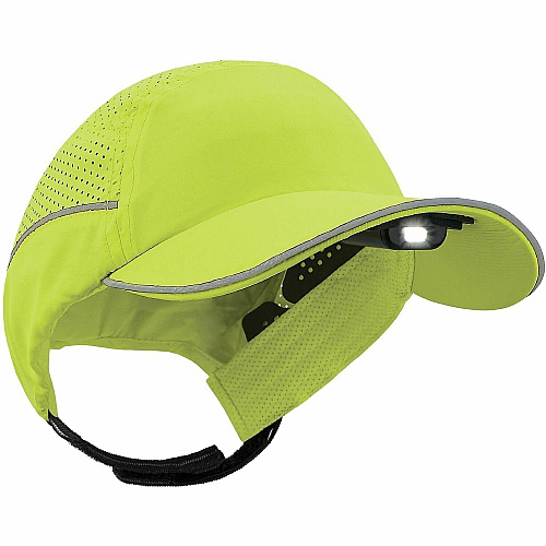Ergodyne Skullerz 8965F(x) Bump Cap Hat with LED Light Recommended for: Mechanic, Baggage Handling, Food Processing, Manufacturing, Inspection - Head, Heat Protection - Hook & Loop Closure - Polyethylene, Foam, Polyester Mesh - Lime - LED Light, R (23477)
