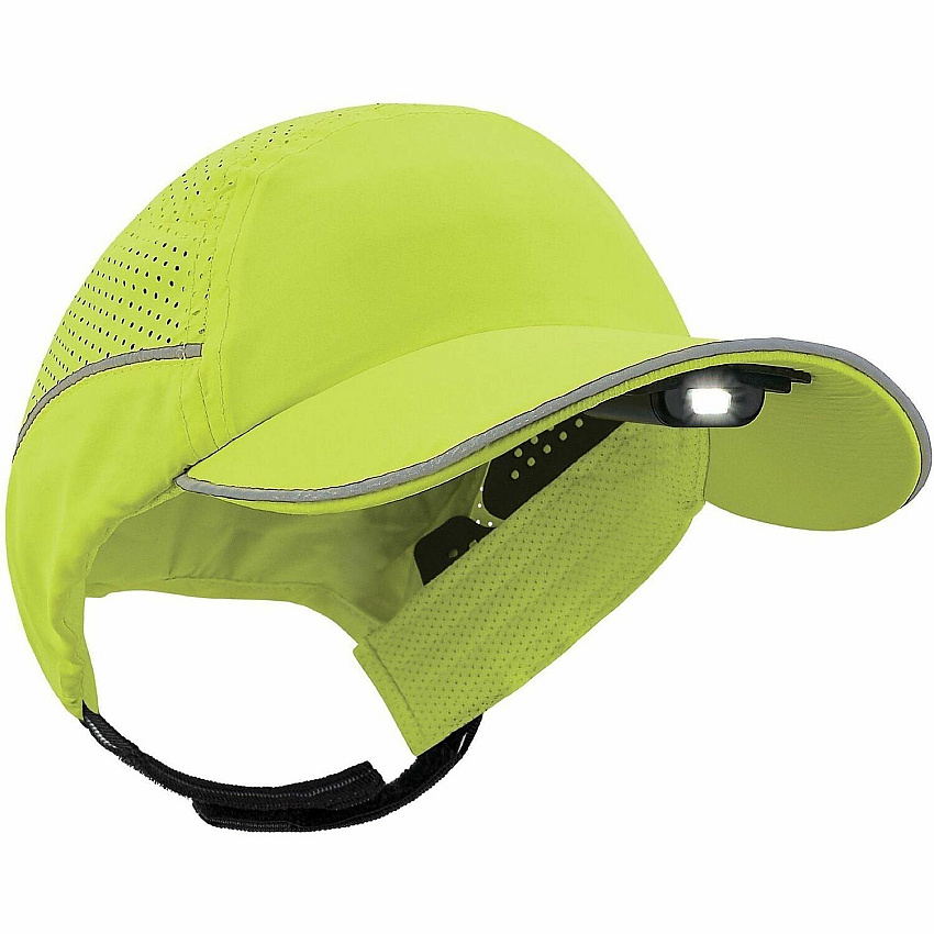 Ergodyne Skullerz 8965F(x) Bump Cap Hat with LED Light Recommended for: Mechanic, Baggage Handling, Food Processing, Manufacturing, Inspection - Head, Heat Protection - Hook & Loop Closure - Polyethylene, Foam, Polyester Mesh - Lime - LED Light, R (23477)
