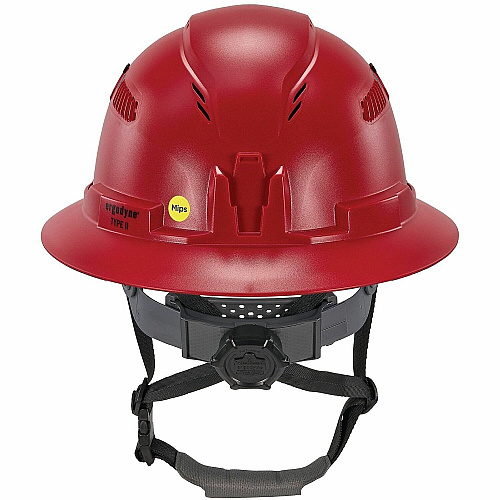 Ergodyne Skullerz 8964-MIPS Type 2 Full-Brim Safety Helmet Recommended for: Construction, Utility, Oil & Gas, Forestry, Mining, General Purpose - Head, Impact, Sun, Rain Protection - Expanded Polystyrene Foam (EPS) - Red - Adjustable Ratchet, Ratc (60614)