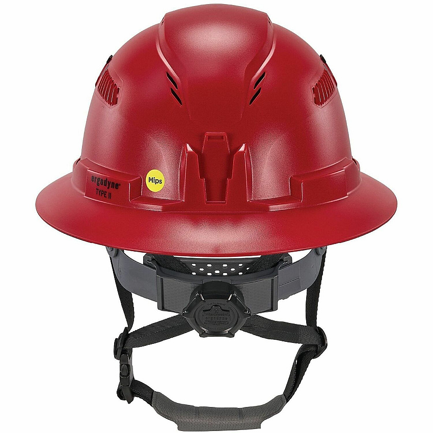 Ergodyne Skullerz 8964-MIPS Type 2 Full-Brim Safety Helmet Recommended for: Construction, Utility, Oil & Gas, Forestry, Mining, General Purpose - Head, Impact, Sun, Rain Protection - Expanded Polystyrene Foam (EPS) - Red - Adjustable Ratchet, Ratc (60614)