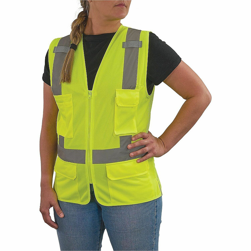 Ergodyne GloWear 8247ZW-S Womens Hi-Vis Surveyor Vest Small - Zipper Closure - 4 Pocket(s) - Polyester, Polyester Mesh - Lime - High Visibility, Zipper Closure, Reflective, Comfortable, Long Lasting, Pocket, Machine Washable, Mesh Back, Reflective (22462)