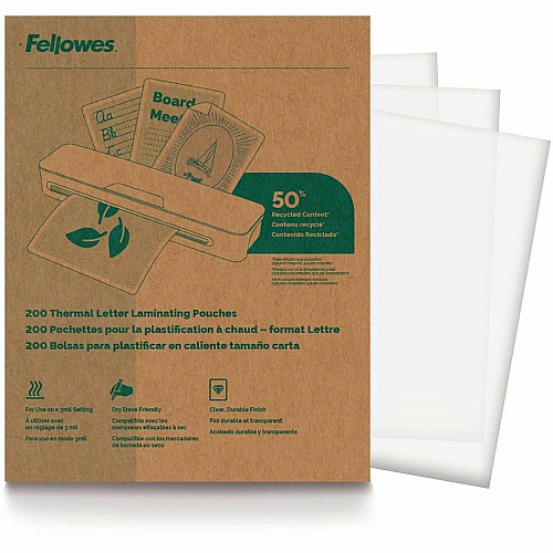 Fellowes Sustainable Laminating Sheets Sheet Size Supported: Letter 8.50" Width x 11" Length - Laminating Pouch/Sheet Size: 3 mil Thickness - for Laminator - Dry Erase Friendly, Photo-safe, Water Resistant, Bubble-free - Clear (100145864)