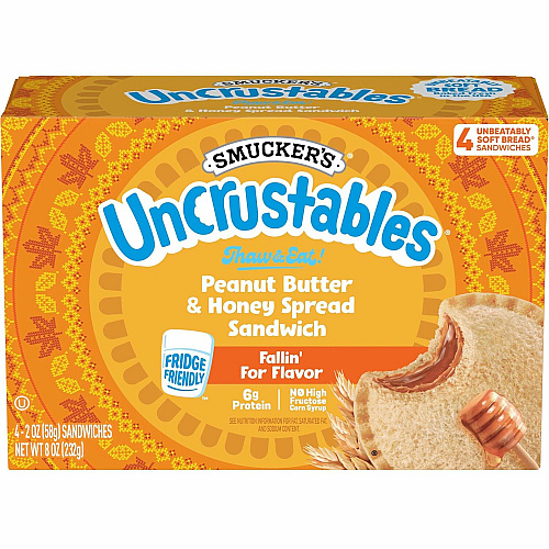 Smucker's Peanut Butter & Honey Spread Sandwich Preservative-free, Cholesterol-free - Creamy Peanut Butter, Honey, Wheat - 2.60 oz - 16/Bag - 2 / Carton (60004244)