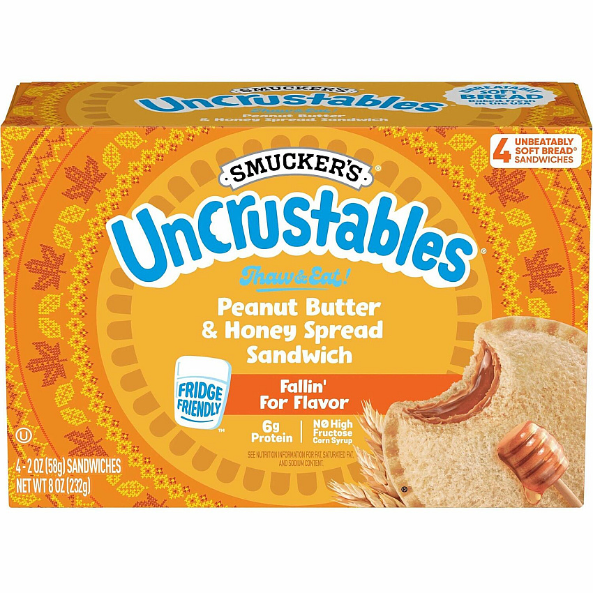 Smucker's Peanut Butter & Honey Spread Sandwich Preservative-free, Cholesterol-free - Creamy Peanut Butter, Honey, Wheat - 2.60 oz - 16/Bag - 2 / Carton (60004244)