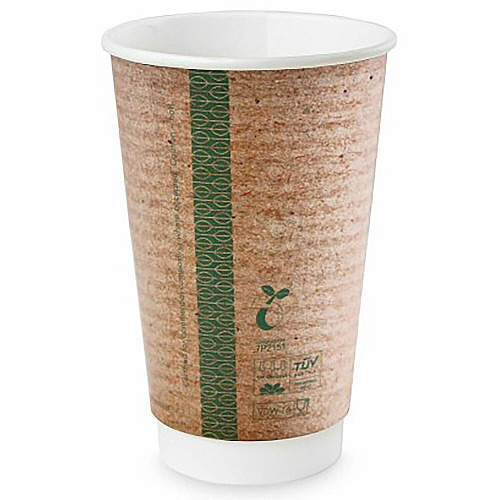 Vegware Double-Wall Hot Cups 16 fl oz - Brown - Polylactic Acid (PLA) - Coffee, Tea, Hot Drink, Soup - 400 / Carton (VDWK16)