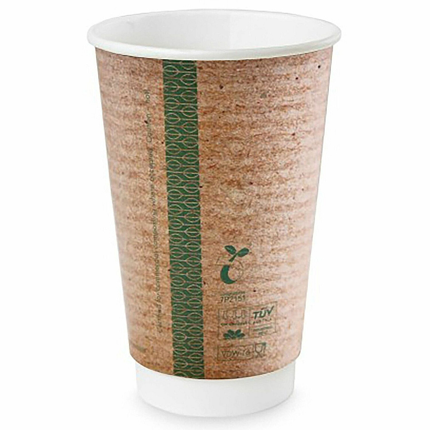 Vegware Double-Wall Hot Cups 16 fl oz - Brown - Polylactic Acid (PLA) - Coffee, Tea, Hot Drink, Soup - 400 / Carton (VDWK16)