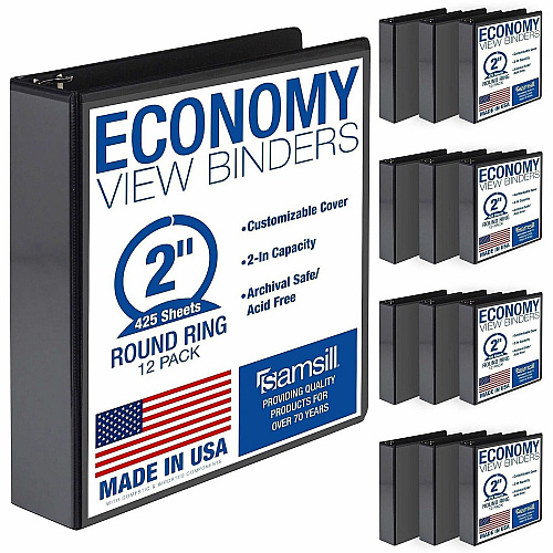 Samsill Light-Duty 3-Ring Binders 2" Binder Capacity - Letter - 8 1/2" x 11" Sheet Size - 425 Sheet Capacity - 3 Ring - Fastener: Round Ring - Pocket: 2, Internal - Fiberboard - Black - Recycled - Clear Overlay, Pocket, Lay Flat, PVC-free, Clea (MP128560)