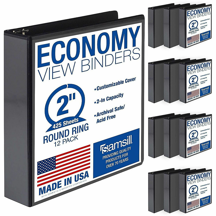 Samsill Light-Duty 3-Ring Binders 2" Binder Capacity - Letter - 8 1/2" x 11" Sheet Size - 425 Sheet Capacity - 3 Ring - Fastener: Round Ring - Pocket: 2, Internal - Fiberboard - Black - Recycled - Clear Overlay, Pocket, Lay Flat, PVC-free, Clea (MP128560)