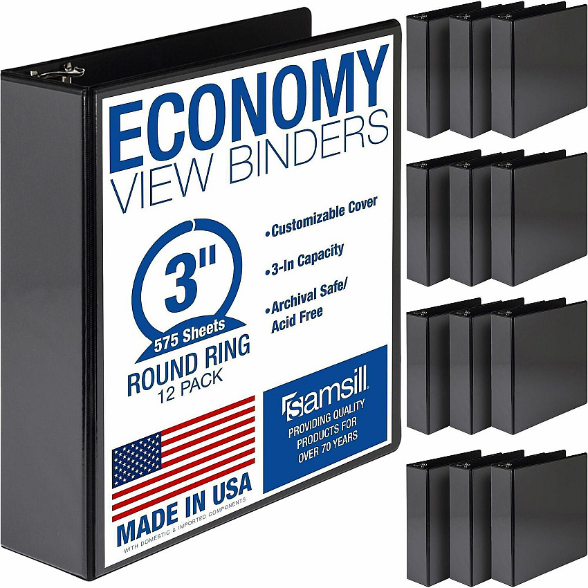 Samsill Light-Duty 3-Ring Binders 3" Binder Capacity - Letter - 8 1/2" x 11" Sheet Size - 550 Sheet Capacity - 3 Ring - Fastener: Round Ring - Pocket: 2, Internal - Fiberboard - Black - Recycled - Clear Overlay, Pocket, Lay Flat, PVC-free, Clea (MP128580)