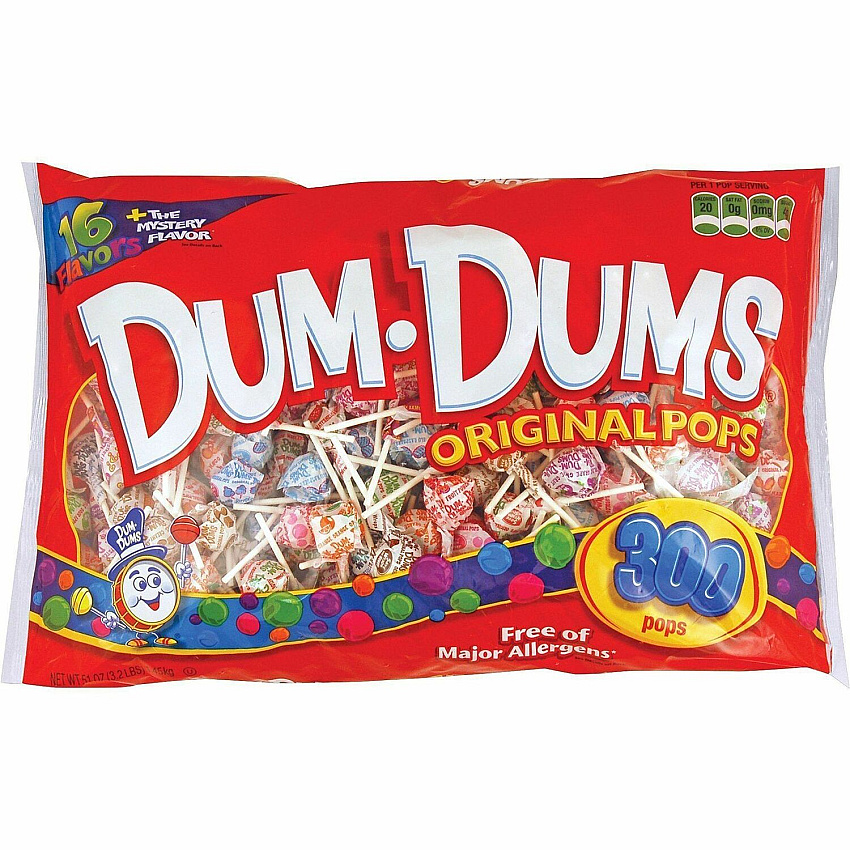 Dum Dum Pops Original Pops Blue Raspberry, Bubble Gum, Butterscotch, Cream Soda, Cotton Candy, Cherry, Fruit Punch, Lemon Lime, Orange, Grape, Root Beer, ... - Gluten-free, Trans Fat Free - 11 oz - 300 Pieces/Bag (16070CT)