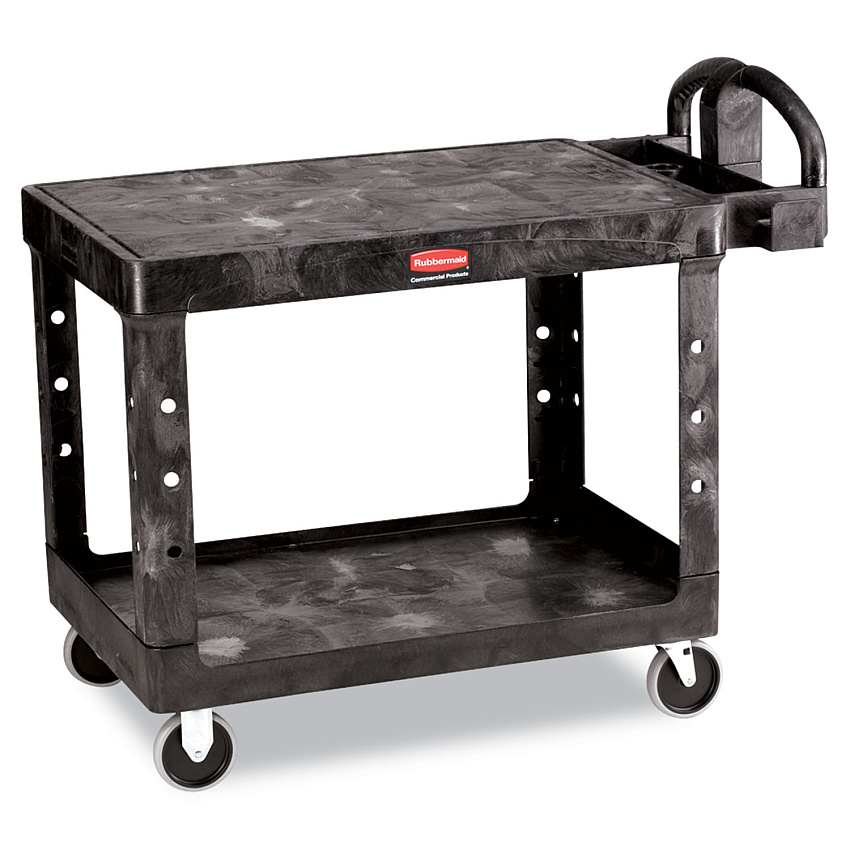 Rubbermaid Commercial Flat Shelf Utility Cart, Plastic, 2 Shelves, 500 lb Capacity, 25.25" x 44" x 38.13", Black (452500BK)