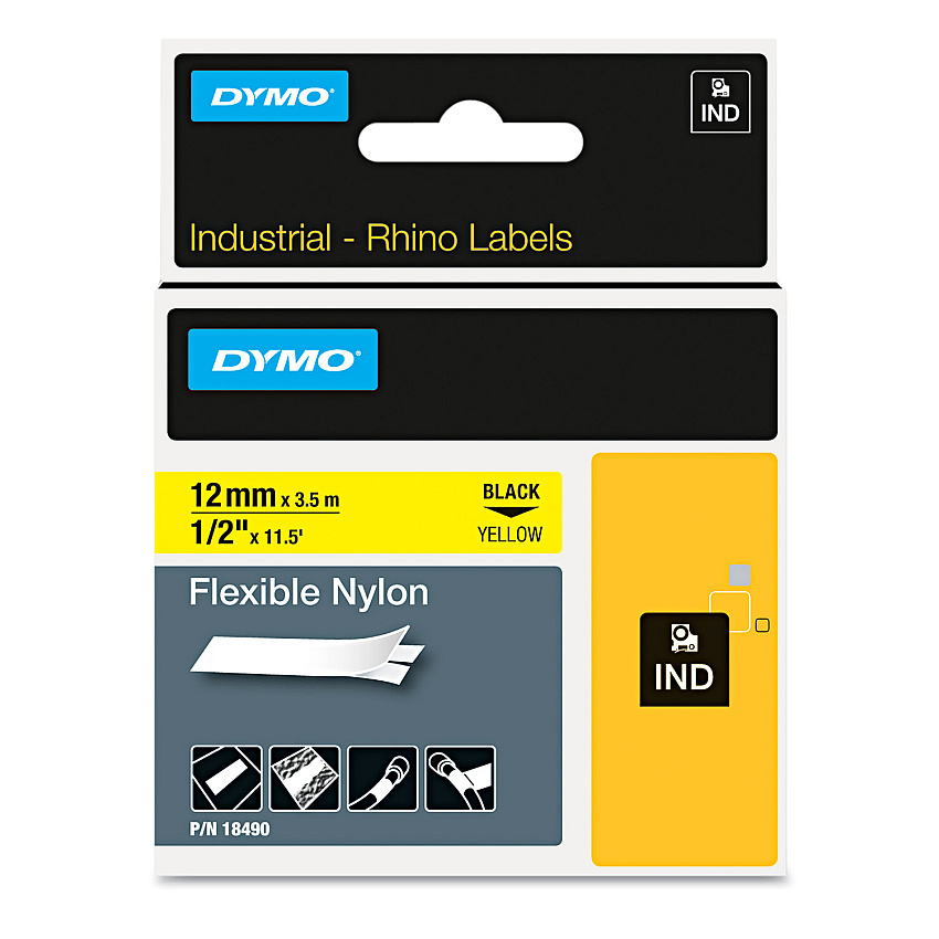 DYMO Rhino Flexible Nylon Industrial Label Tape, 0.5" x 11.5 ft, Yellow/Black Print (18490)