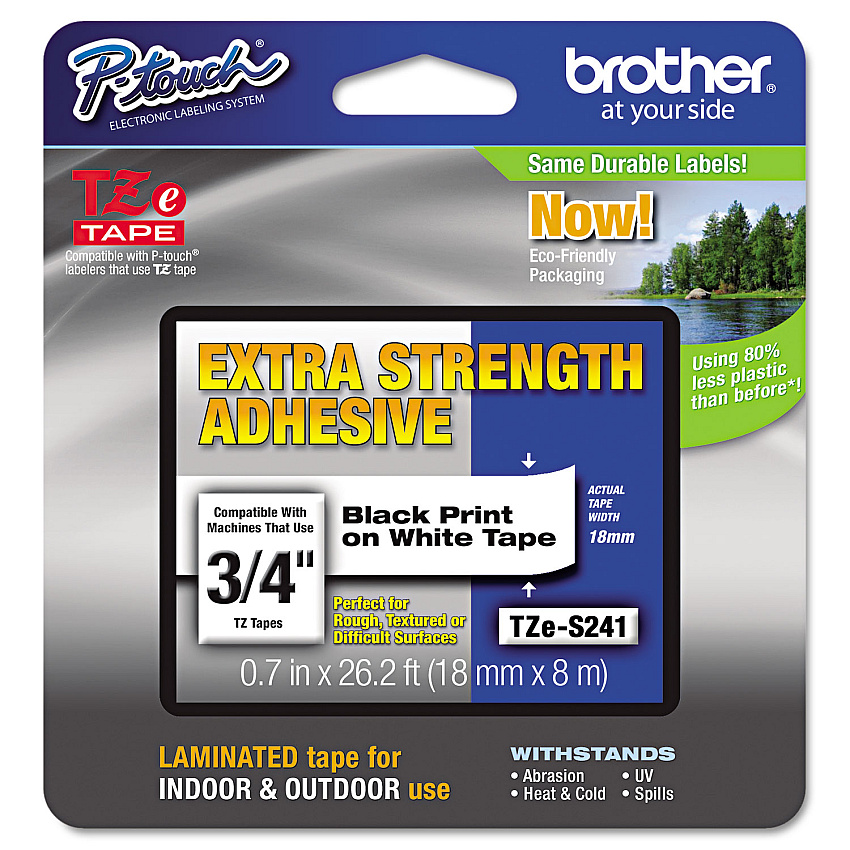 Brother TZe Extra-Strength Adhesive Laminated Labeling Tape, 0.7" x 26.2 ft, Black on White (TZES241)