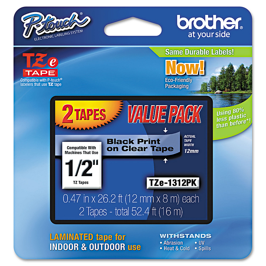 Brother TZe Standard Adhesive Laminated Labeling Tapes, 0.47" x 26.2 ft, Black on Clear, 2/Pack (TZE1312PK)