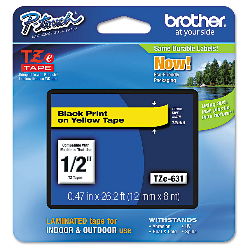 Brother TZe Standard Adhesive Laminated Labeling Tape, 0.47" x 26.2 ft, Black on Yellow (TZE631)